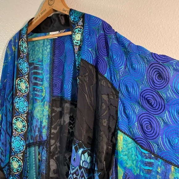 Chico's Silk Rayon Embroidered Patchwork Velvet Burnout Fairycore Kimono Topper - Picture 1 of 10